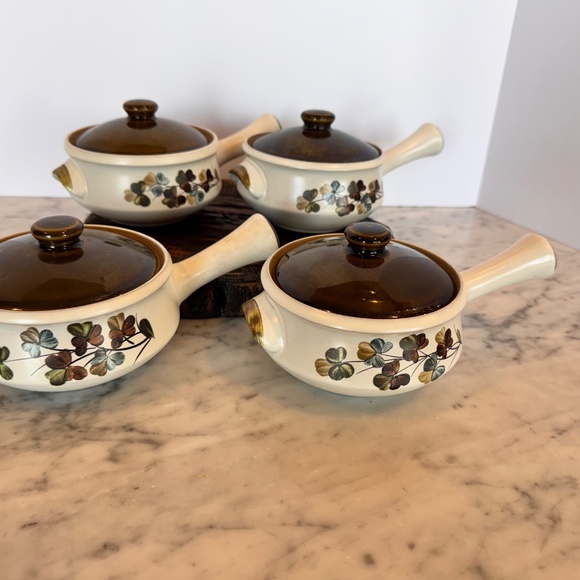 Vintage Denby "Shamrock" covered handled French onion soup bowls. 1/2 pint - Picture 2 of 9